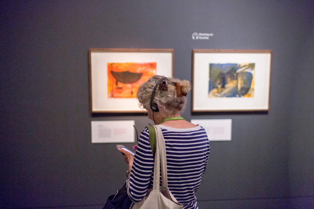 Audio guide user stands in front of section with only two paintings