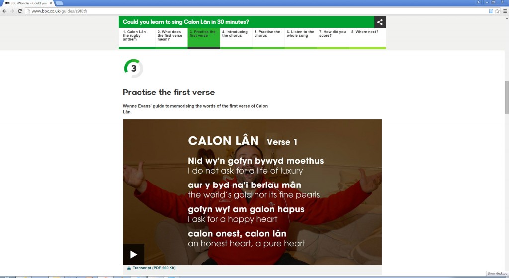 Figure 6. Educational: Learn to sing Welsh rugby anthem Calon Lân with the BBC’s iWonder.