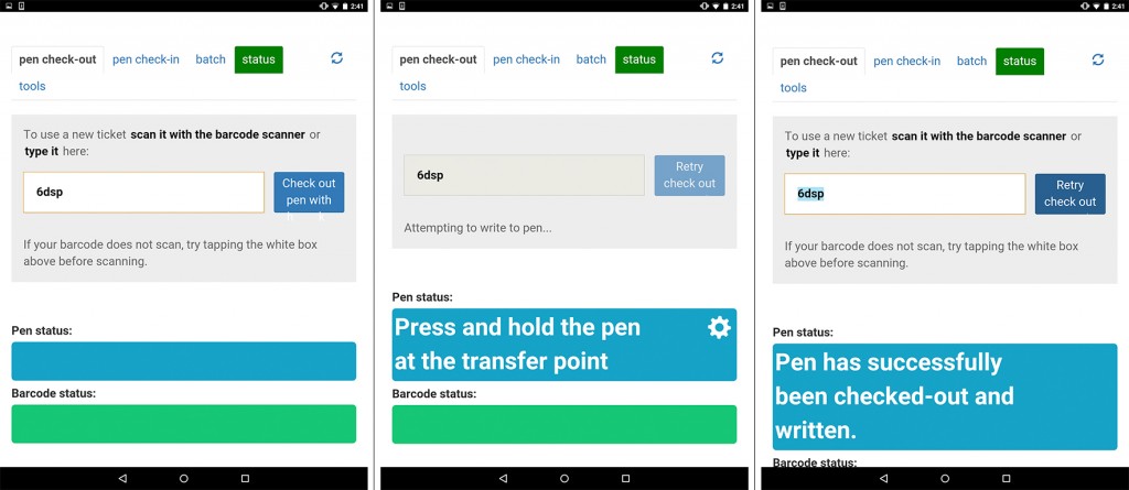 Figure 14: v1 interface during pen pairing: waiting to begin (left), waiting for pen press (middle), success (end)