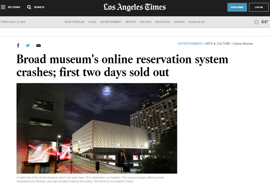 Mike Boehm, "Broad museum's online reservation system crashes" last modified Sept. 1, 8:05 a.m., http://www.latimes.com/entertainment/arts/culture/la-et-cm-broad-online-ticket-reservation-crashes-20150831-story.html