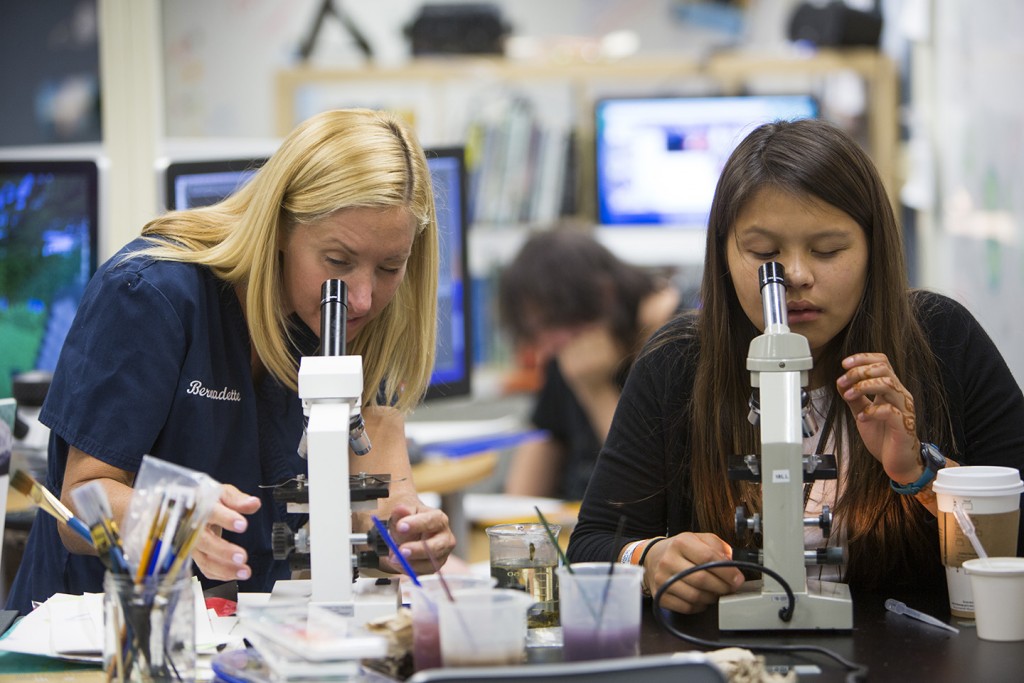 Teen and Mentor use microscope to create macro-invertebrate art