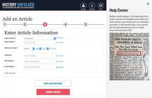One stage of the five-stage article submission process, with a help module expanded.